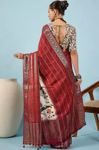 Maroon floral zari silk blend tussar saree