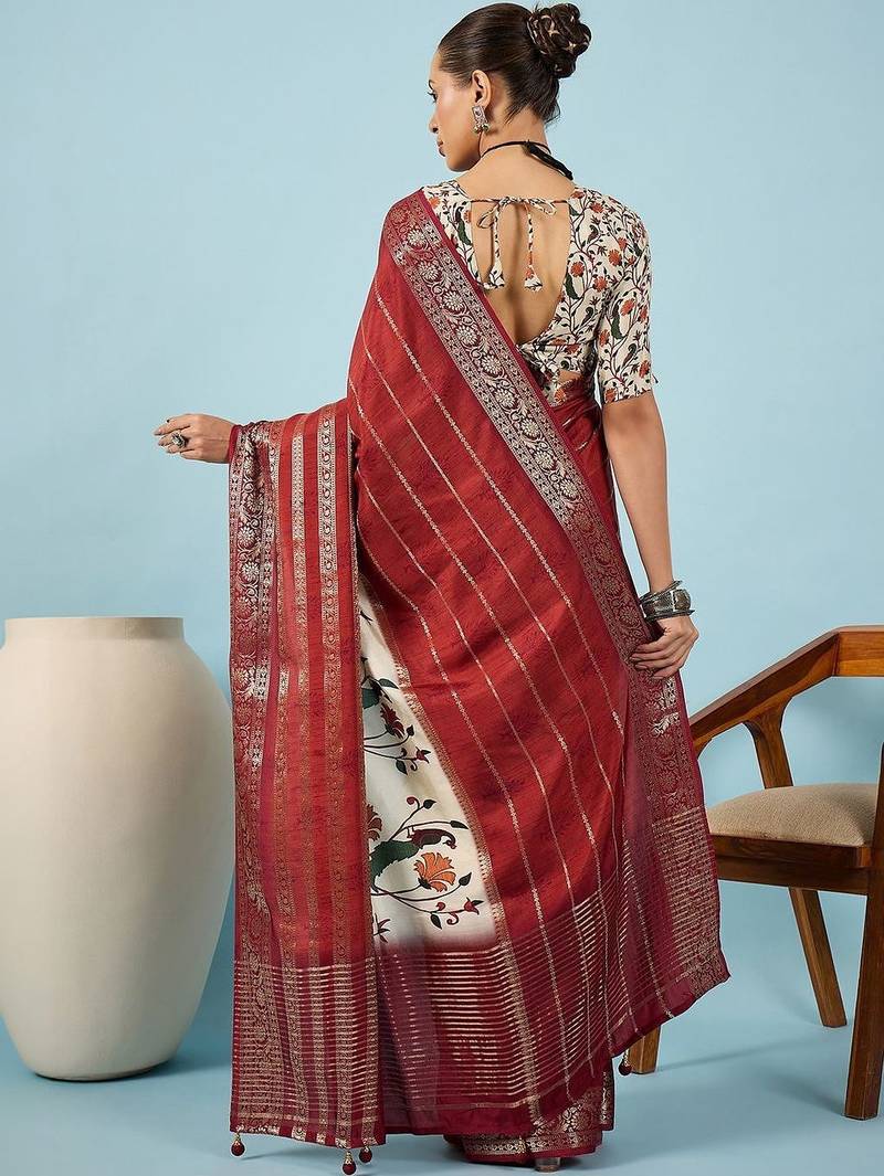 Maroon floral zari silk blend tussar saree