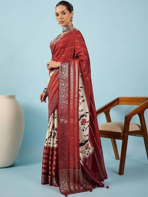 Maroon floral zari silk blend tussar saree 3
