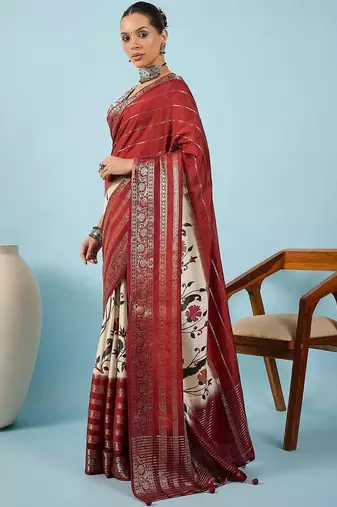 Maroon floral zari silk blend tussar saree