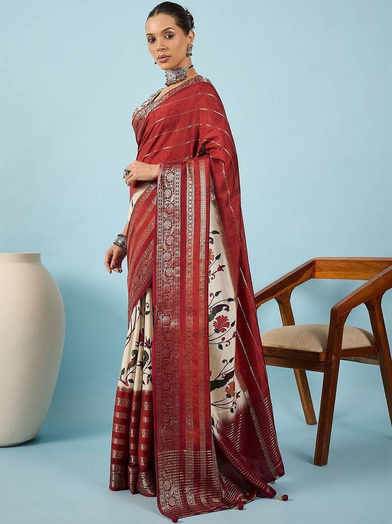 Maroon floral zari silk blend tussar saree