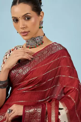 Maroon floral zari silk blend tussar saree