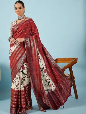 Maroon floral zari silk blend tussar saree 5