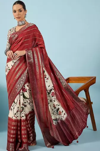 Maroon floral zari silk blend tussar saree