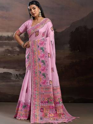 Pink ethnic motifs embroidered silk blend heavy work banarasi saree 1