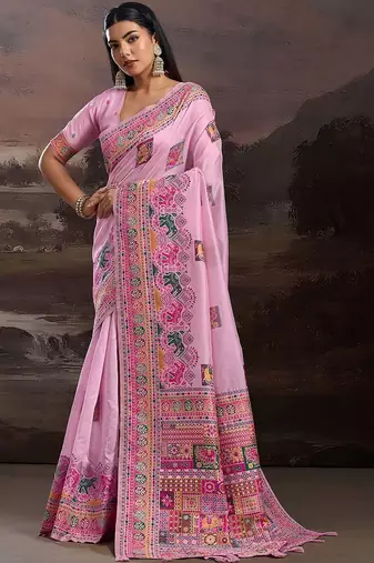Pink ethnic motifs embroidered silk blend heavy work banarasi saree