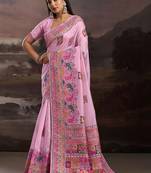 Pink ethnic motifs embroidered silk blend heavy work banarasi saree