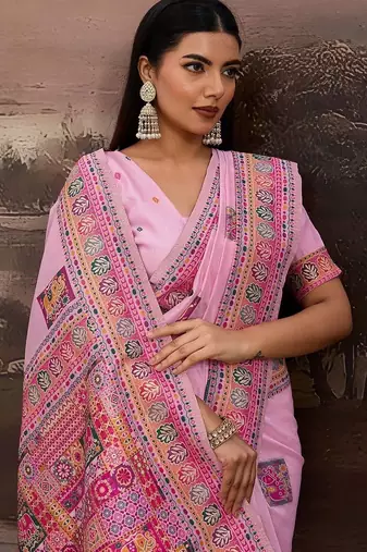 Pink ethnic motifs embroidered silk blend heavy work banarasi saree
