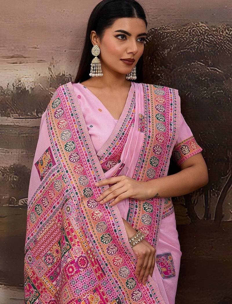 Pink ethnic motifs embroidered silk blend heavy work banarasi saree