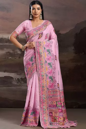 Pink ethnic motifs embroidered silk blend heavy work banarasi saree