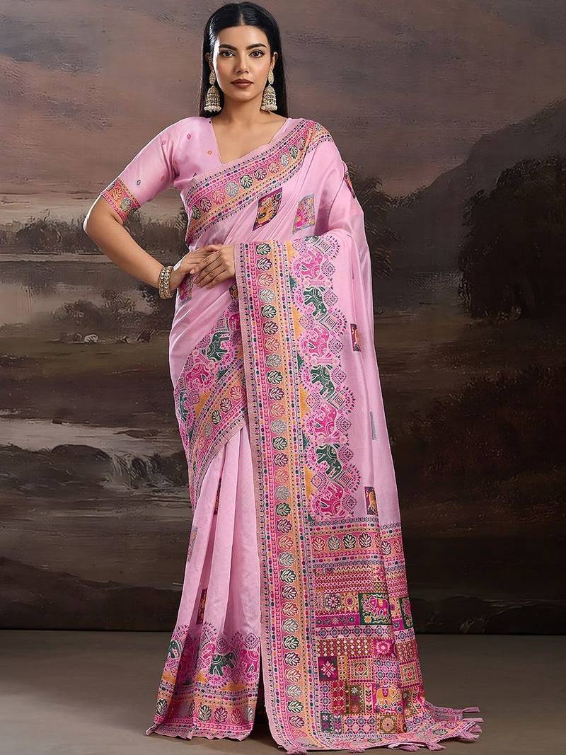 Pink ethnic motifs embroidered silk blend heavy work banarasi saree