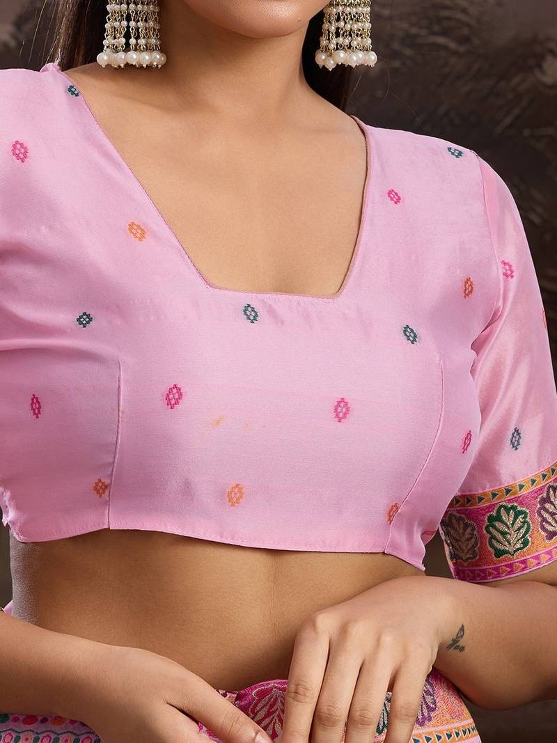 Pink ethnic motifs embroidered silk blend heavy work banarasi saree