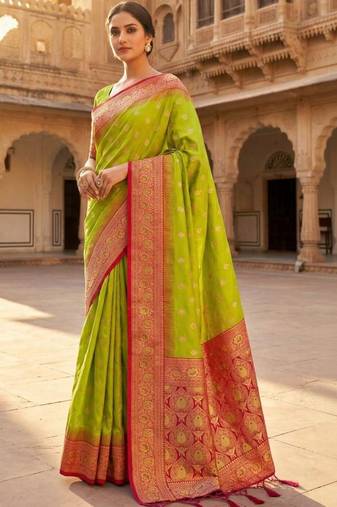 Lime woven design zari silk blend heavy work banarasi saree