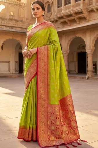 Lime woven design zari silk blend heavy work banarasi saree