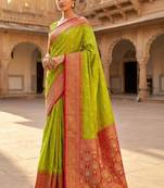 Lime woven design zari silk blend heavy work banarasi saree