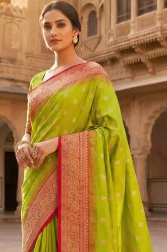 Lime woven design zari silk blend heavy work banarasi saree