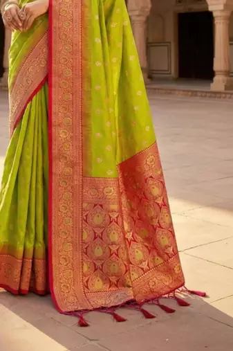 Lime woven design zari silk blend heavy work banarasi saree