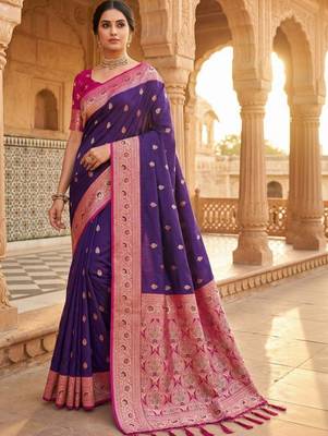 Purple woven design zari silk blend handloom banarasi saree 1
