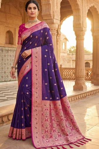 Purple woven design zari silk blend handloom banarasi saree
