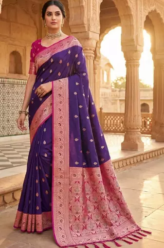Purple woven design zari silk blend handloom banarasi saree