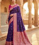 Purple woven design zari silk blend handloom banarasi saree