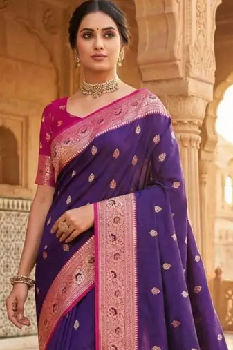 Purple woven design zari silk blend handloom banarasi saree