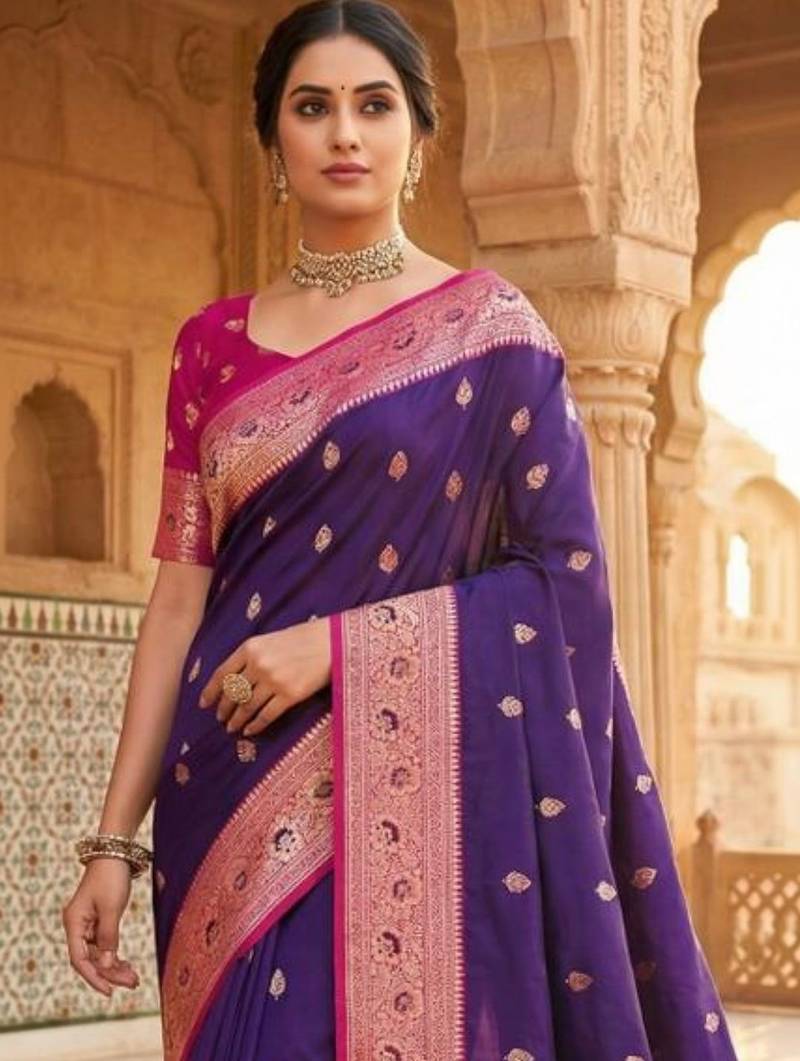 Purple woven design zari silk blend handloom banarasi saree