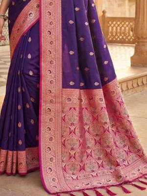Purple woven design zari silk blend handloom banarasi saree 3