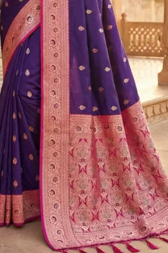 Purple woven design zari silk blend handloom banarasi saree