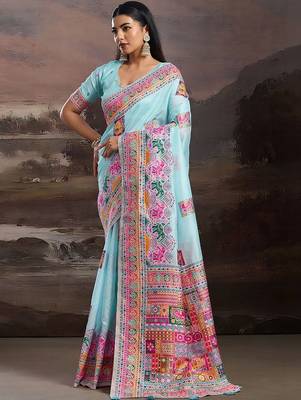 Blue ethnic motifs zari silk blend handloom banarasi saree 1