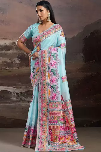 Blue ethnic motifs zari silk blend handloom banarasi saree