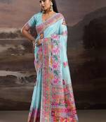 Blue ethnic motifs zari silk blend handloom banarasi saree