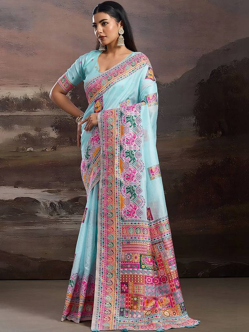 Blue ethnic motifs zari silk blend handloom banarasi saree