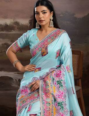Blue ethnic motifs zari silk blend handloom banarasi saree 2