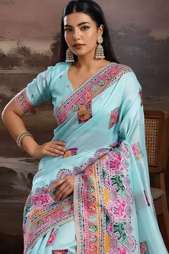 Blue ethnic motifs zari silk blend handloom banarasi saree