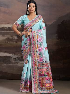 Blue ethnic motifs zari silk blend handloom banarasi saree 3