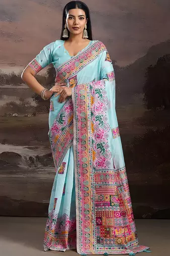 Blue ethnic motifs zari silk blend handloom banarasi saree