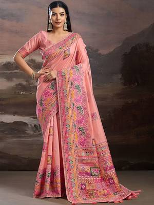 Peach ethnic motifs embroidered silk blend heavy work banarasi saree 1