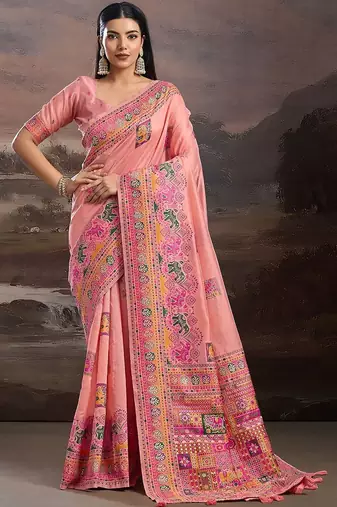 Peach ethnic motifs embroidered silk blend heavy work banarasi saree