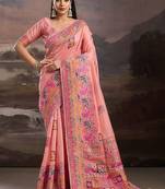 Peach ethnic motifs embroidered silk blend heavy work banarasi saree