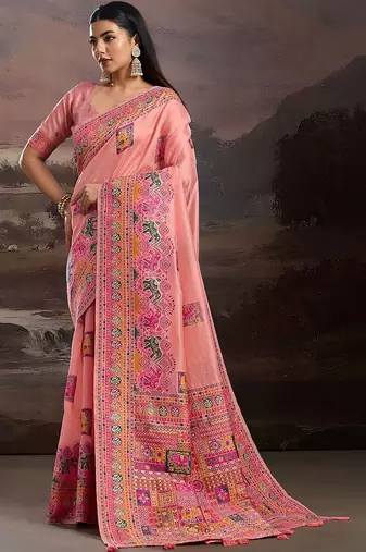 Peach ethnic motifs embroidered silk blend heavy work banarasi saree