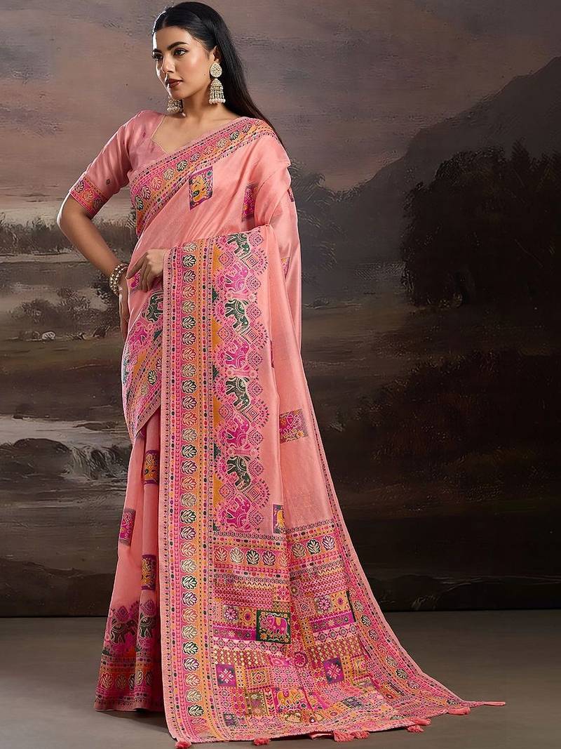 Peach ethnic motifs embroidered silk blend heavy work banarasi saree