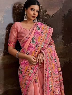 Peach ethnic motifs embroidered silk blend heavy work banarasi saree 3