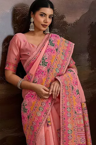 Peach ethnic motifs embroidered silk blend heavy work banarasi saree