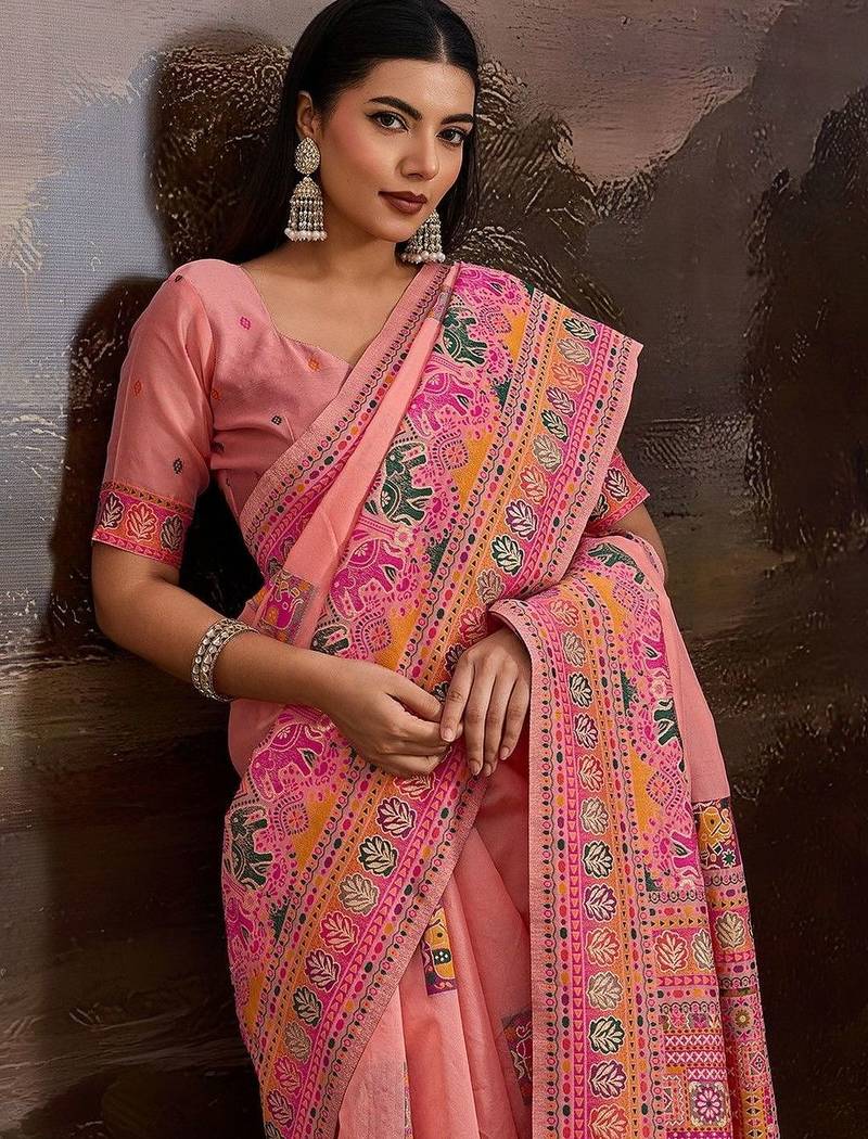 Peach ethnic motifs embroidered silk blend heavy work banarasi saree