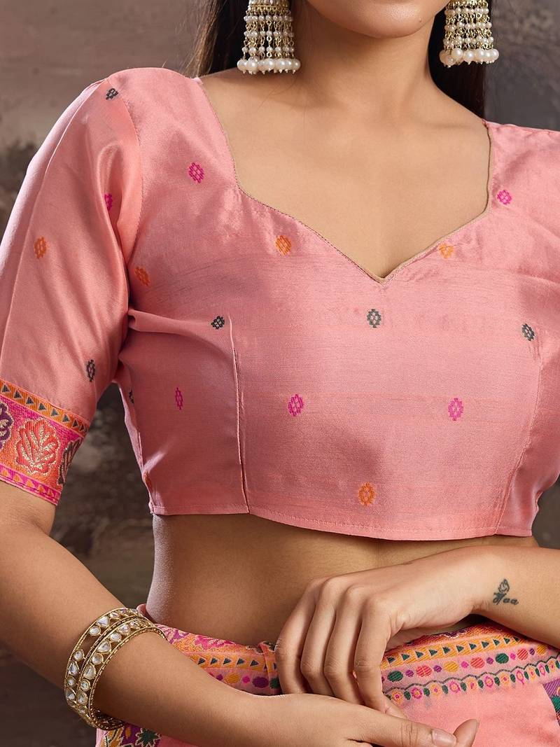 Peach ethnic motifs embroidered silk blend heavy work banarasi saree