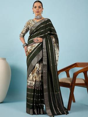 Green ethnic motifs zari silk blend handloom tussar saree 1