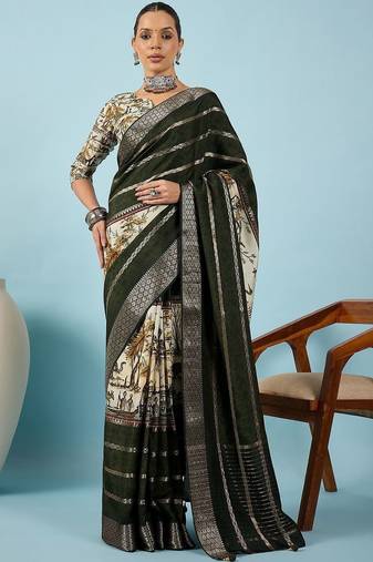 Green ethnic motifs zari silk blend handloom tussar saree