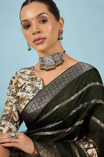 Green ethnic motifs zari silk blend handloom tussar saree