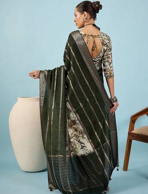 Green ethnic motifs zari silk blend handloom tussar saree 3
